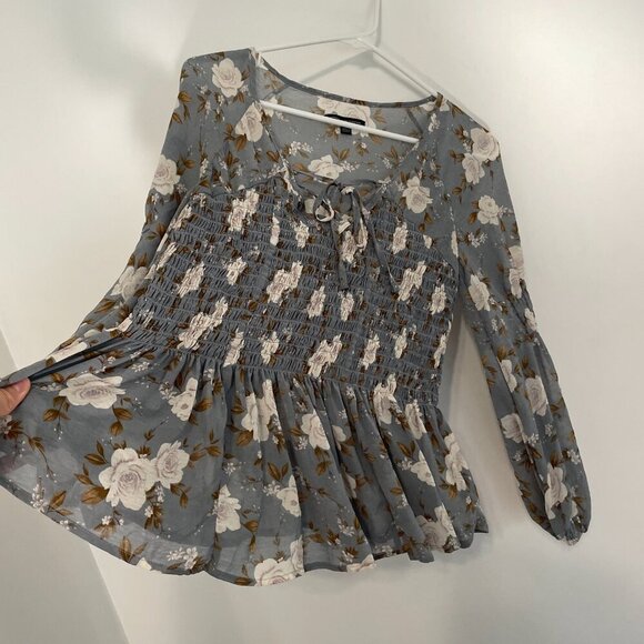 AMERICAN EAGLE Smocked Floral Blouse Blue Cream Ivory Long Sleeve Boho Peplum XS - Picture 10 of 15